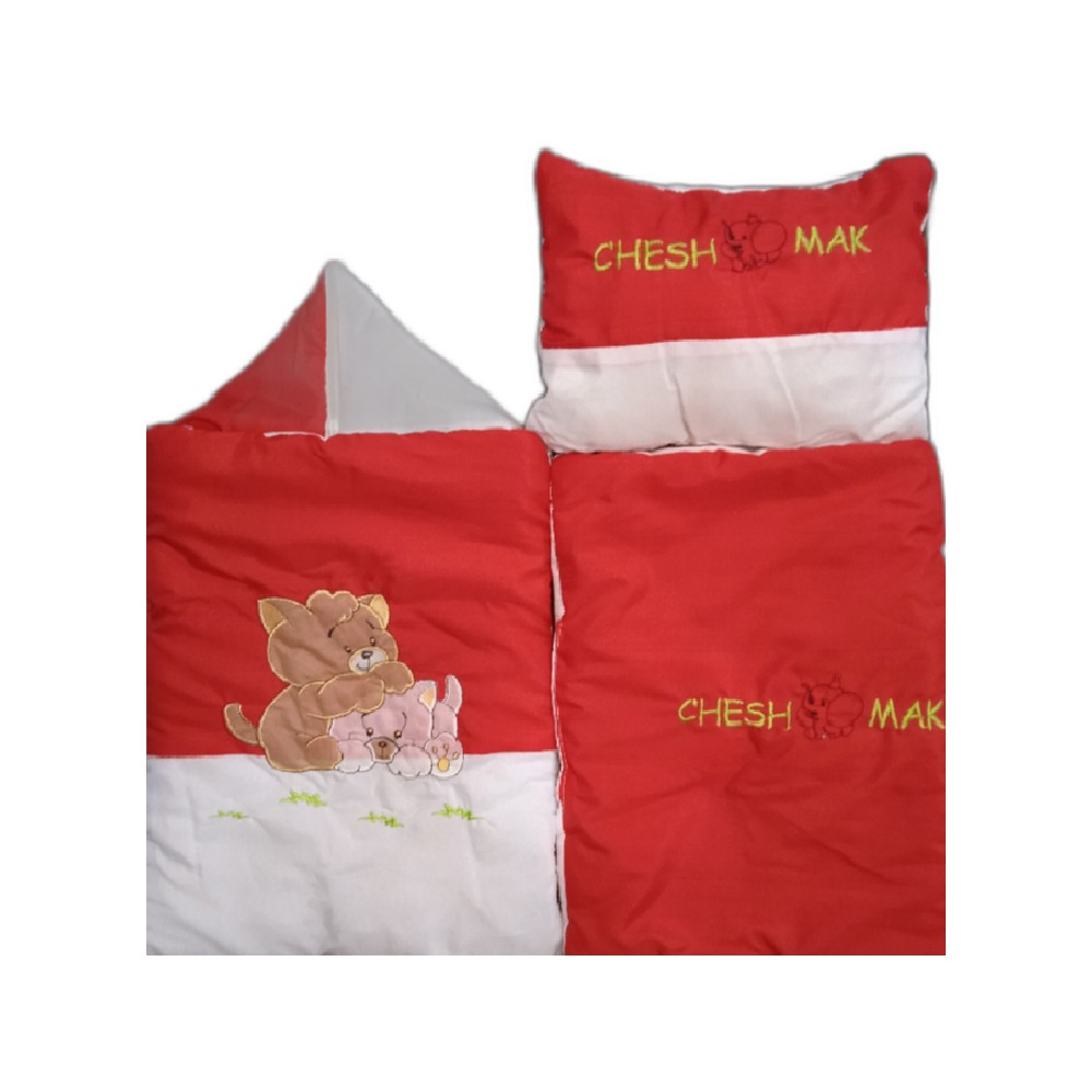سرویس خواب ( کیسه خواب - تشک - پتو - بالشت ) فلامنت نوزادی قرمز طرح گربه و خرس