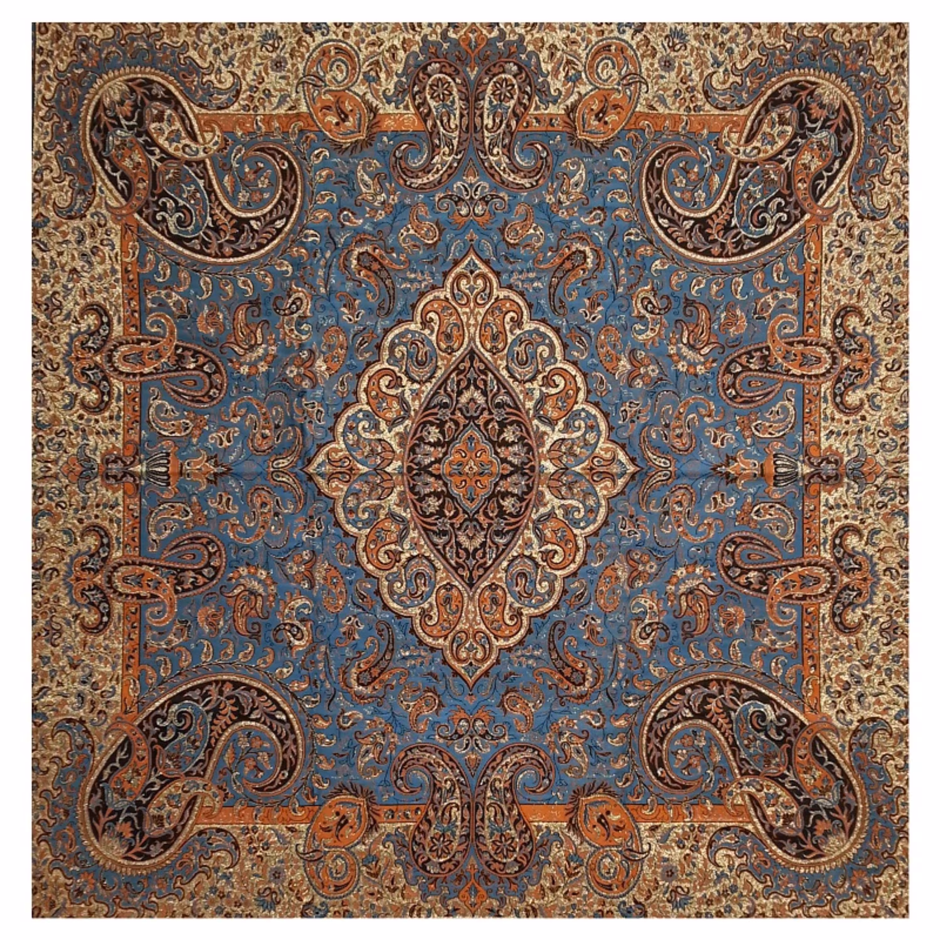 رومیزی مربع ترمه ابریشم  کد TRM8  رنگ آبی  آستر آبی