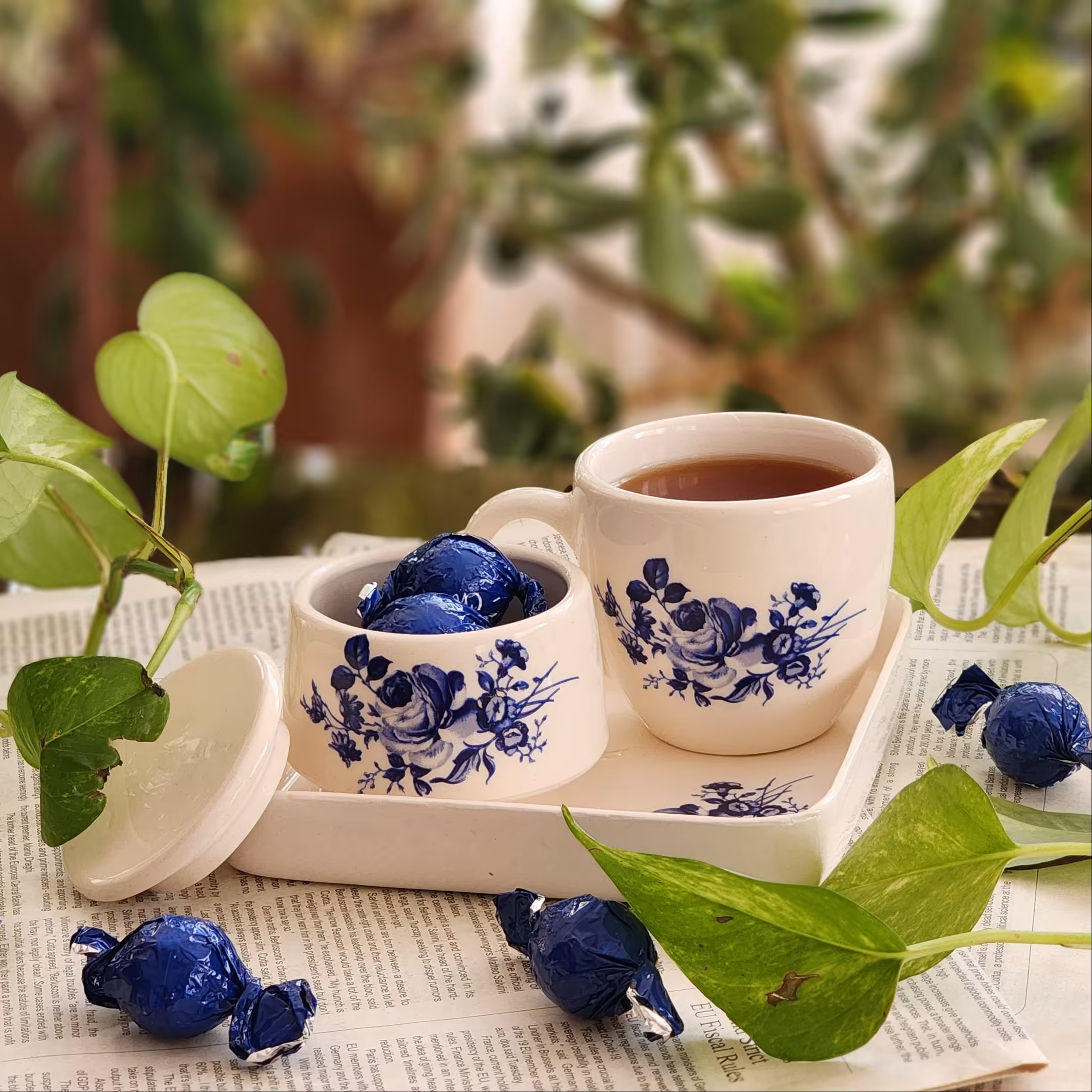 ست تک نفره چایی خوری طرح ترانسفر گل آبی 