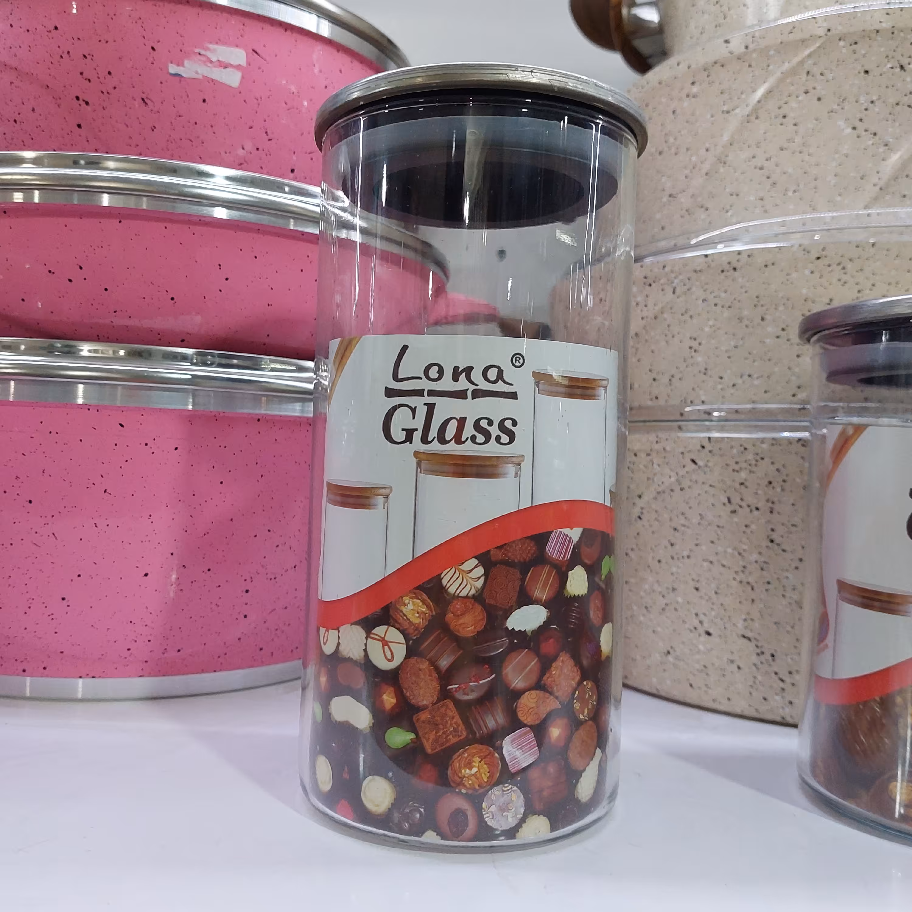 بانکه حبوبات شیشه ای در ب استیل 28 سانت 