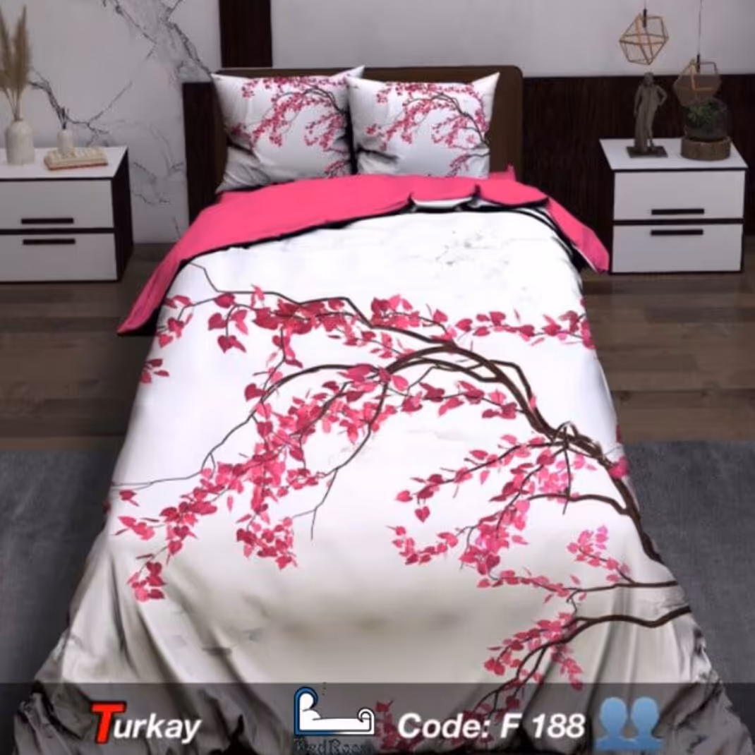 روتختی دونفره زمینه سفید با طرح شاخه گل صورتی مناسب عروس(برای تخت با عرض160 )