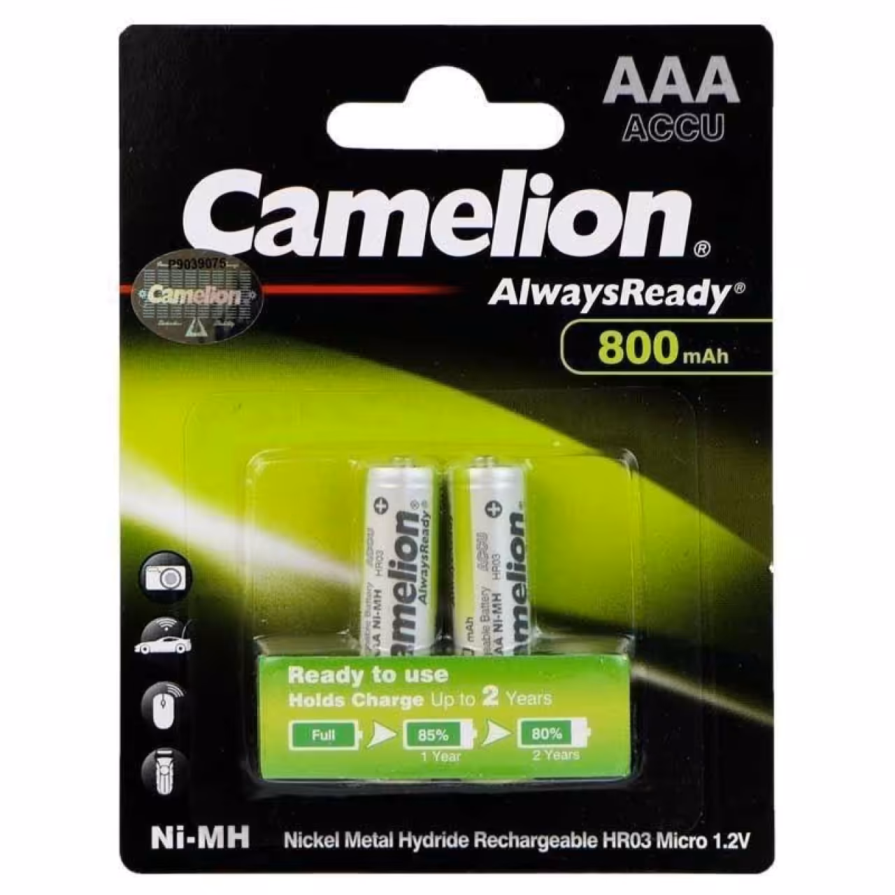 باتری نیم قلمی قابل شارژ کملیون مدل AlwaysReady ظرفیت 800 میلی آمپر ساعت بسته‌ 2 عددی