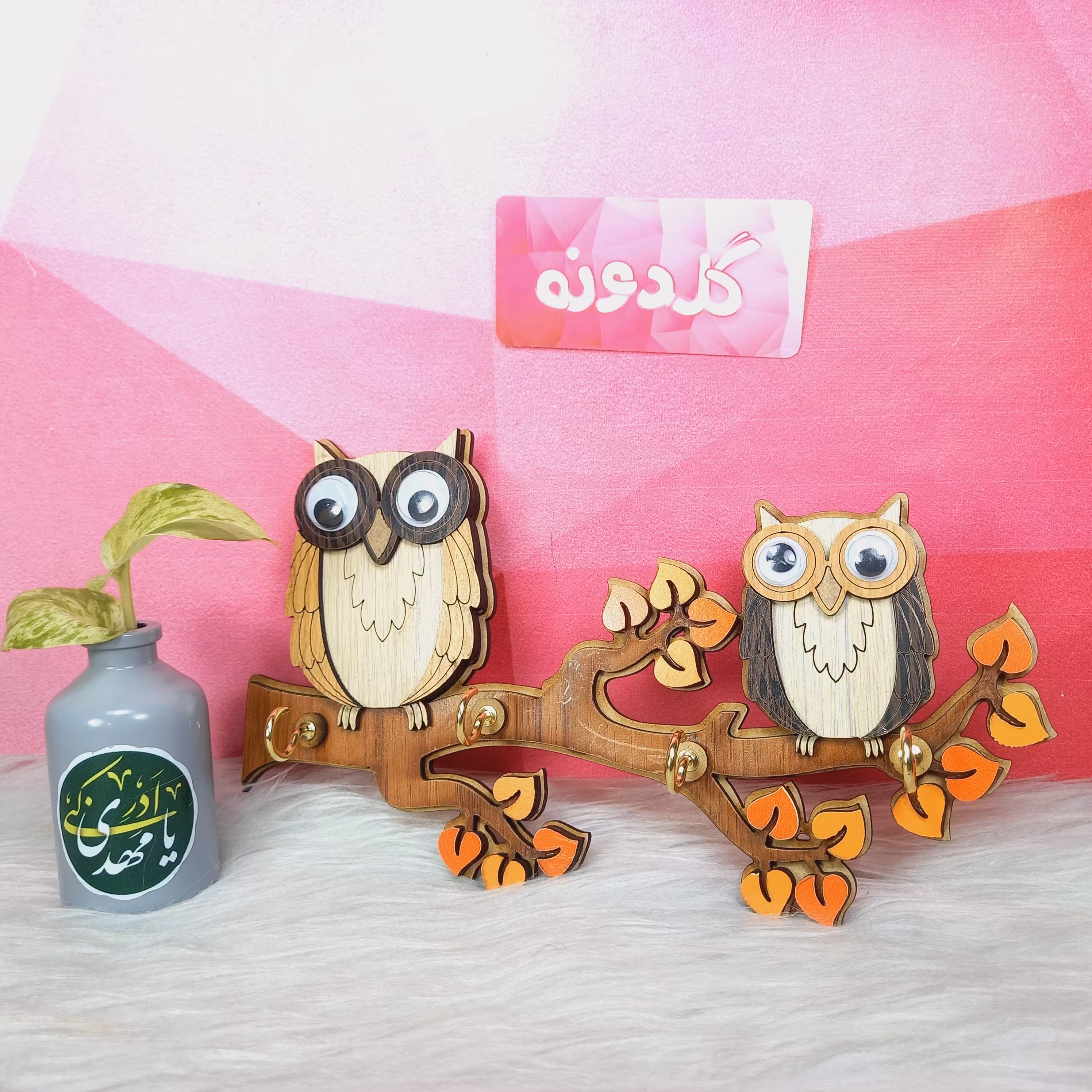 جاکلیدی دیواری جغد چوبی کد1 - جاکلیدی جغد فانتزی - جا کلیدی فانتزی - جا کلیدی چوبی - دکوری جغد - گلدونه