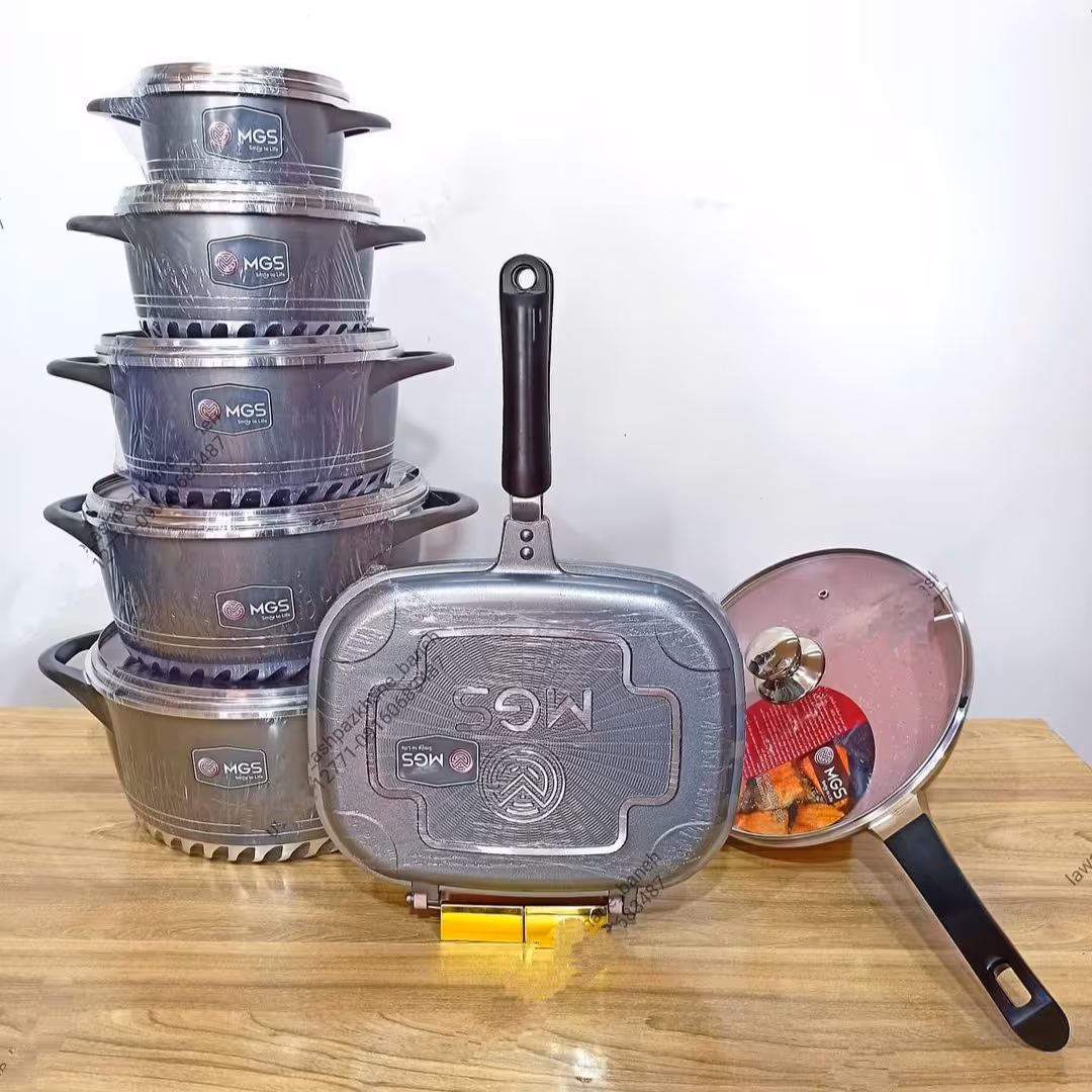 سرویس قابلمه گرانیتی 17 پارچه کف رینگی برند MGS خاکستری مدل 1713-C