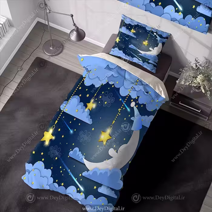 روتختی سه بعدی آسمان پر از ستاره زرد و ماه و ابر pk-3406