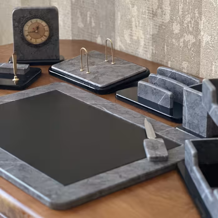 ست رومیزی چوب 10 تکه اداری وکیومی مدیریتی- طوسی طرح سنگ - کد 310 بدون پایه