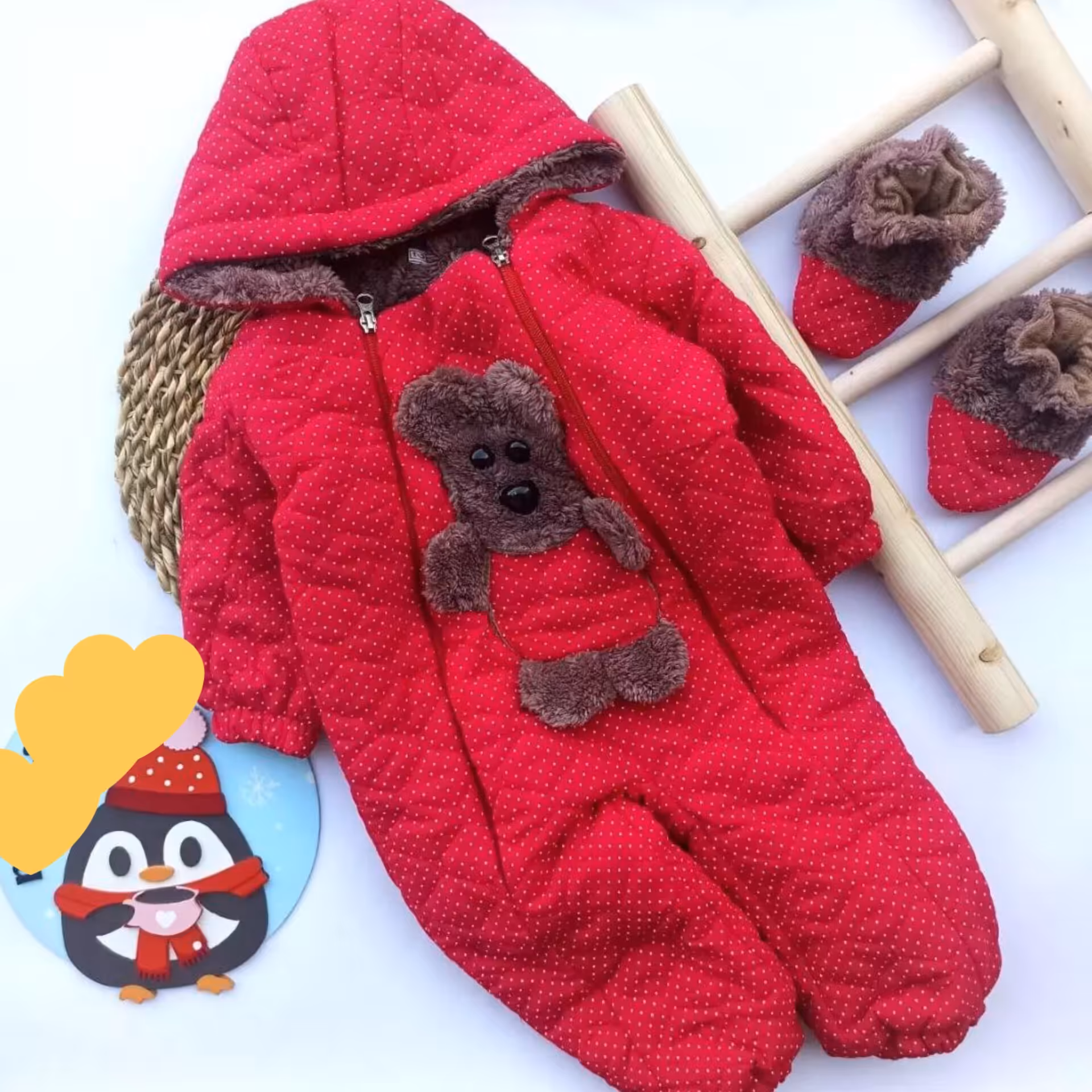 کاپشن سرهمی خرس تدی خالخالی بچگانه،جنس پنبه اعلا داخل مخمل،سایز 2،3