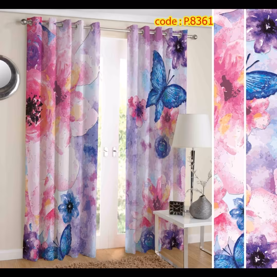 پرده پذیرایی دو قواره طرح آبرنگی و پروانه کد P8361