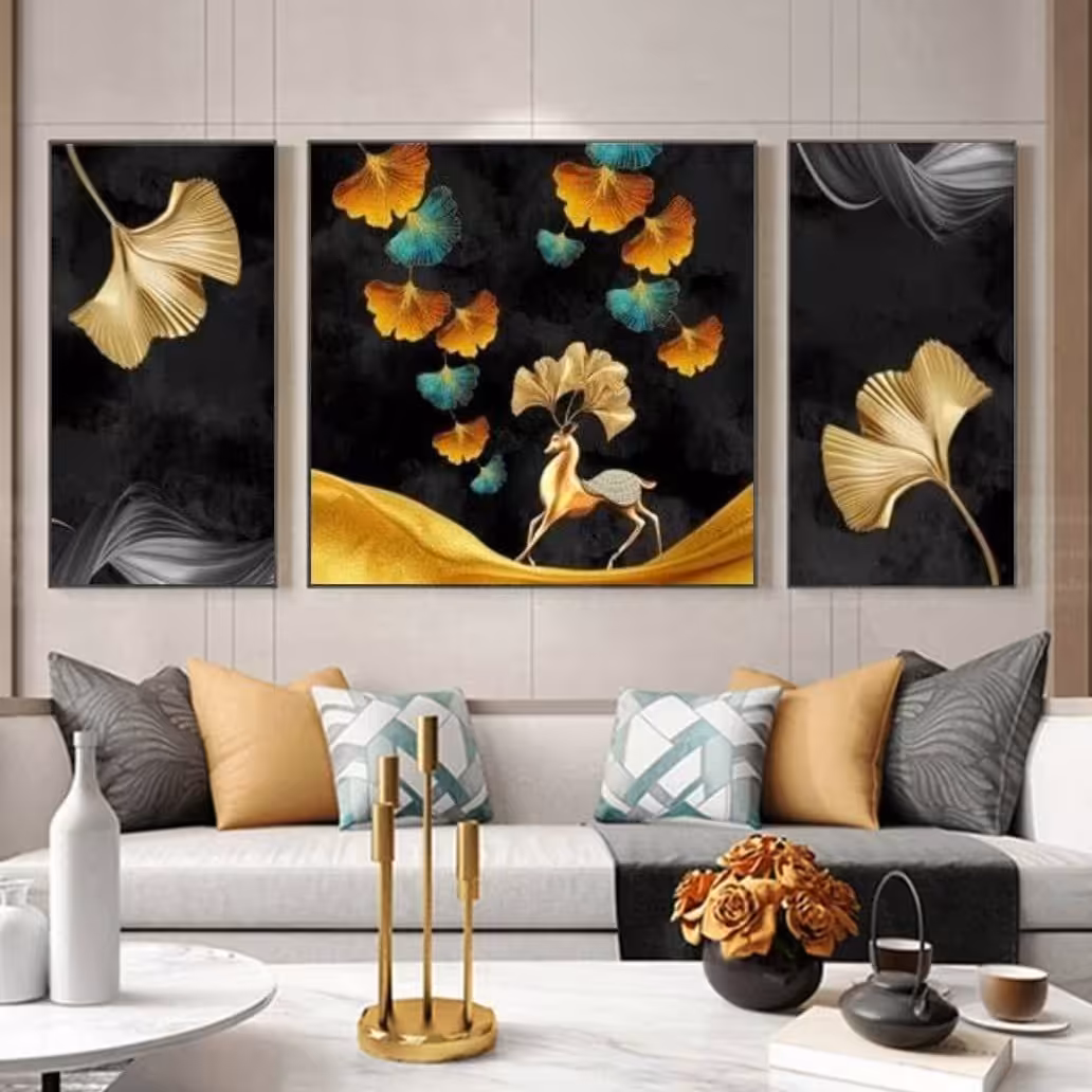 تابلو دکوراتیو فانتزی طرح گوزن با زمینه مشکی سه تکه 