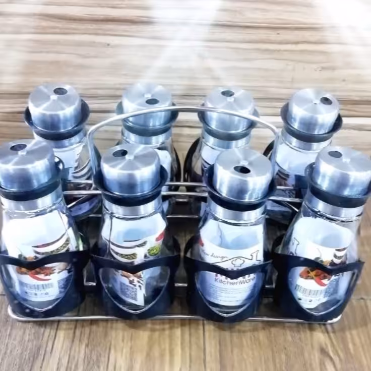 جا ادویه هشت عددی شیشه ای به همراه پایه نگهدارنده