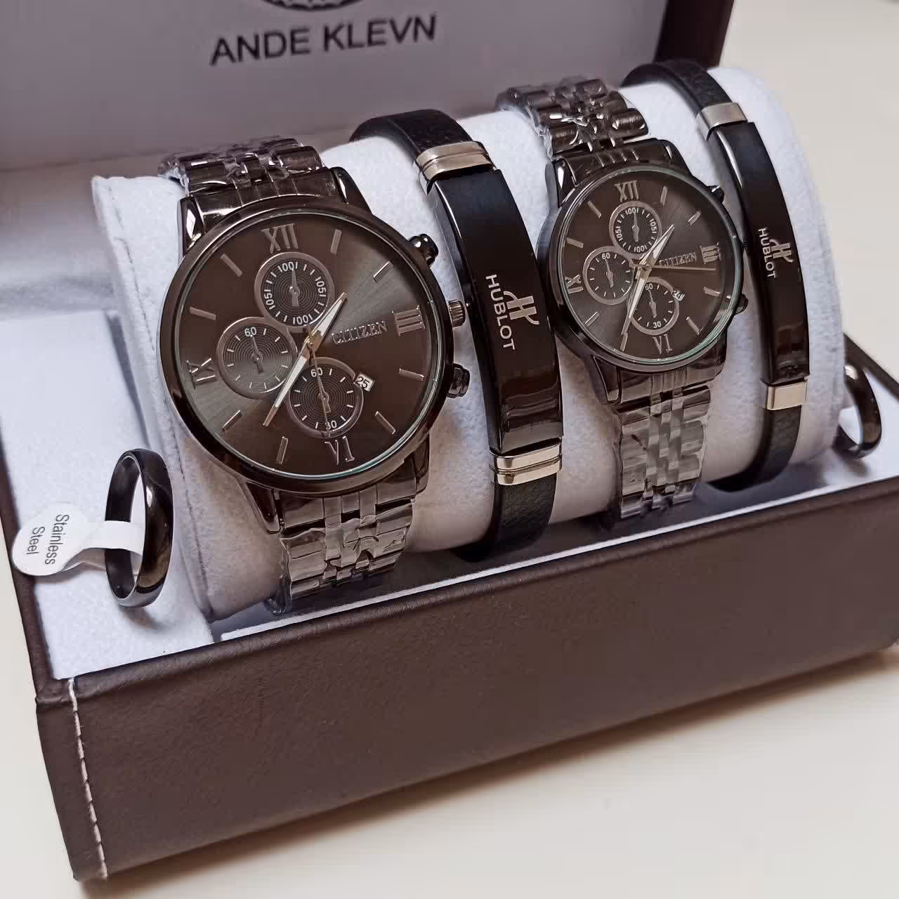 ست زنانه مردانه ساعت سیتیزن و دستبند چرمی و انگشتر  کاپلی 