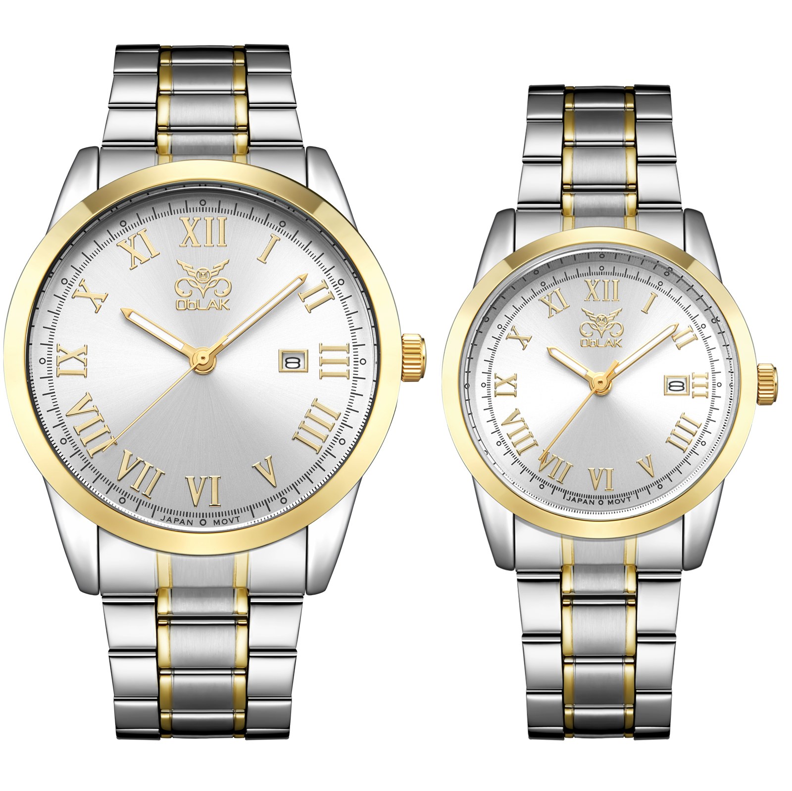 ست ساعت مچی عقربه ای زنانه و مردانه اوبلاک مدل 72707 رنگ دورنگ صفحه سفید