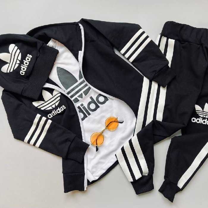 ست اسپورت بچه گانه عمده چهار تیکه جنس پارچه دورس لاکرا تیشرت پنبه یک رو سایز  55  در رنگ   مشکی 