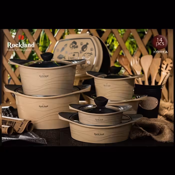 سرویس قابلمه چدن گرانیت 14 پارچه برند راکلند مدل موجی رنگ کرم