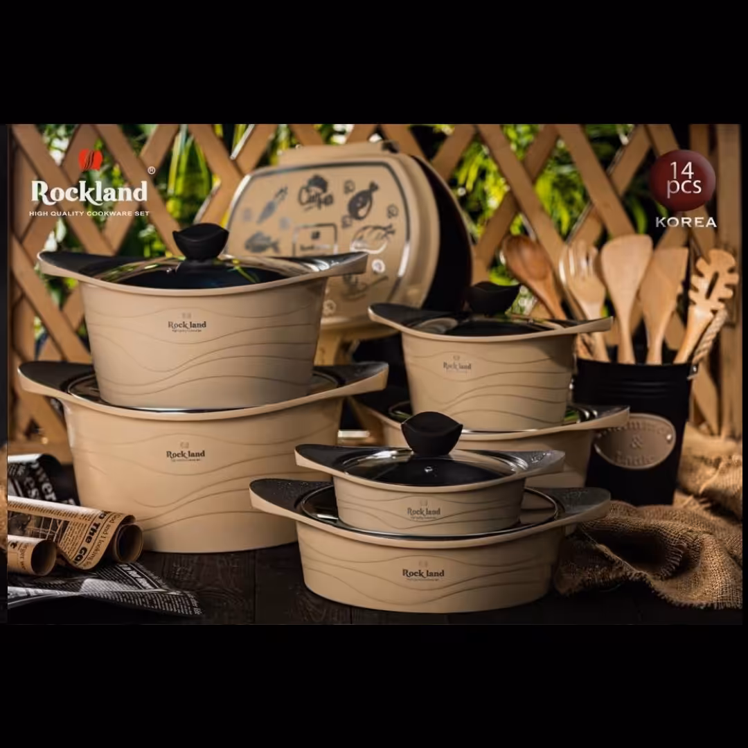 سرویس قابلمه چدن گرانیت 14 پارچه برند راکلند مدل موجی رنگ کرم