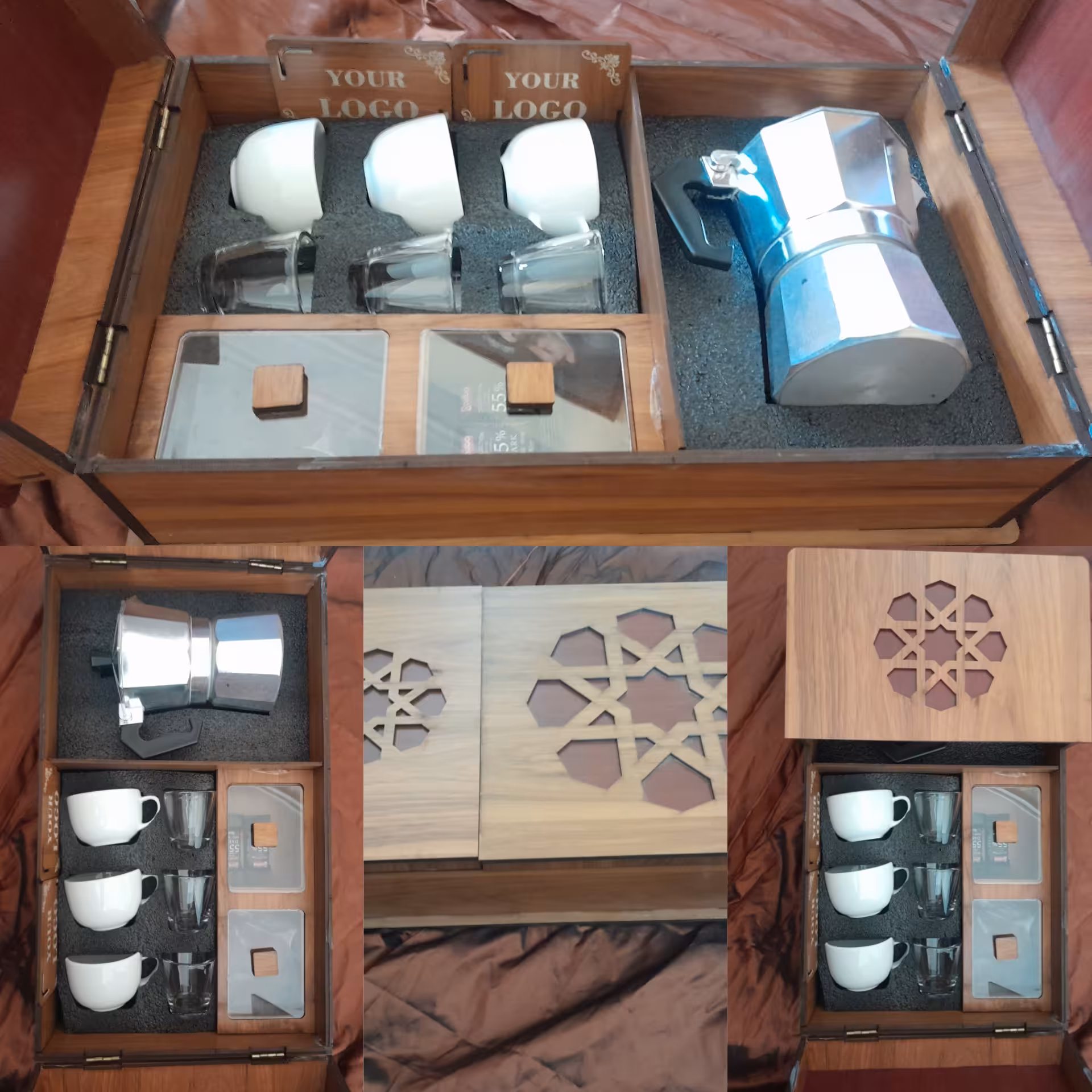 ست قهوه با جعبه چوبی و حک اسم وبرند شما بر روی جعبه وزیر لیوانی و هدیه مناسب جهت ارگان ها  