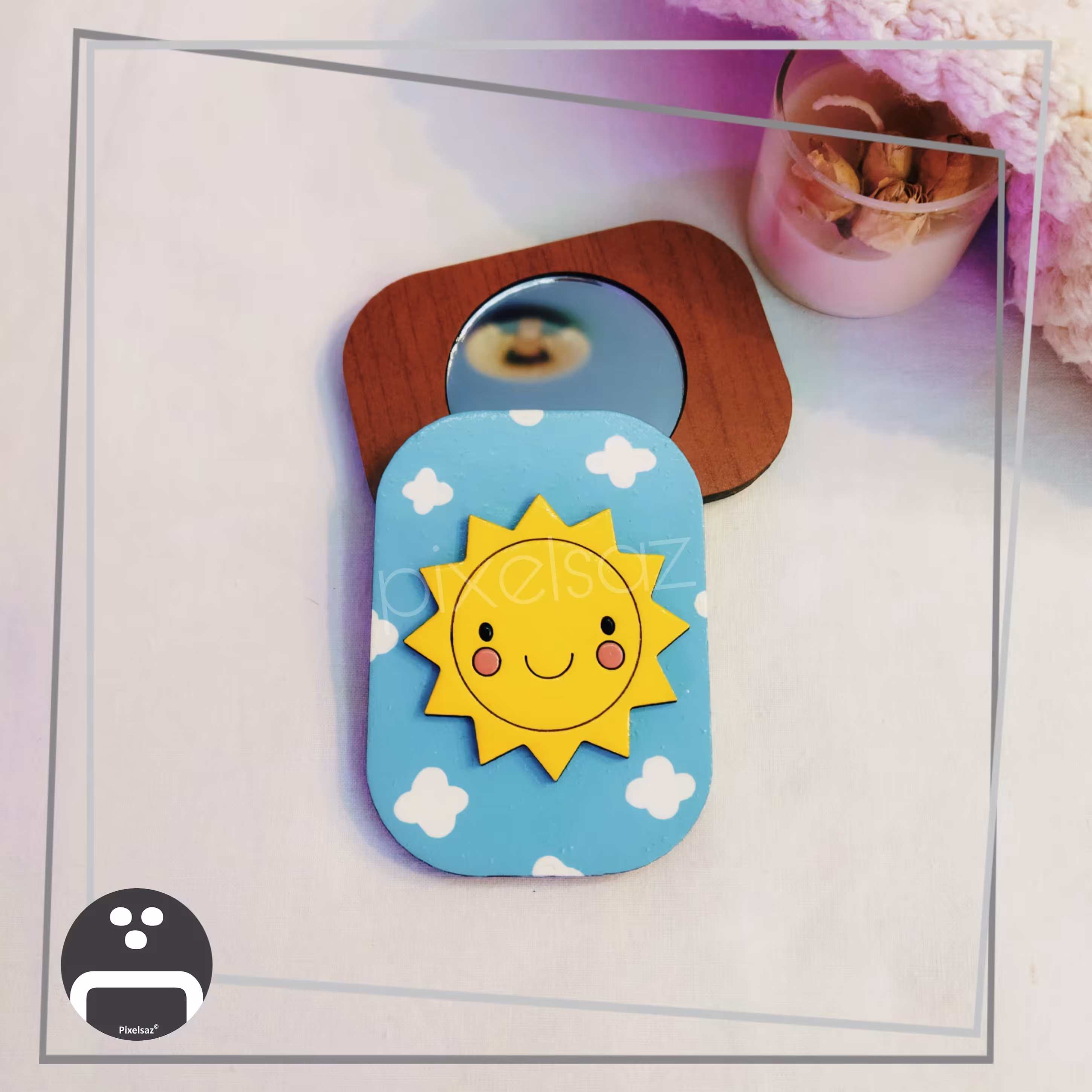 آینه جیبی طرح خورشید پیکسل ساز - جنس چوبی و نقاشی شده - ضدآب - ابعاد شش و نیم در نُه سانت