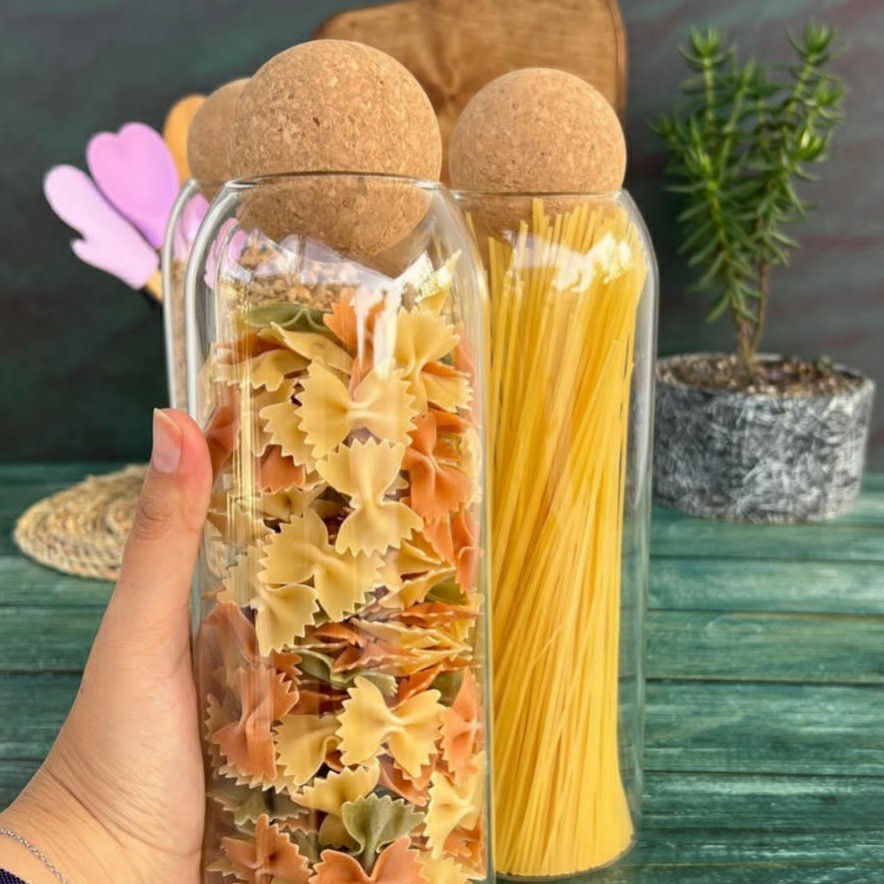 بانکه حبوبات شیشه ای درب توپی ،جنس درب چوب پنبه ،سه بانکه هم سایز و یکسان ،ارتفاع با درب 30سانت