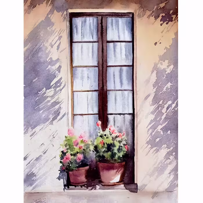 تابلو نقاشی آبرنگ پنجره 