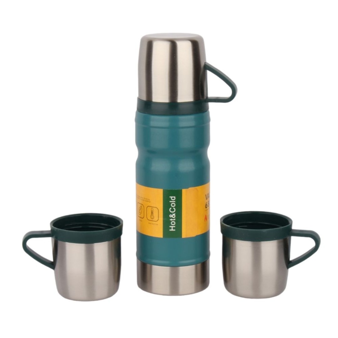 فلاسک مدل vacuum گنجایش 680 میلی لیتر به همراه لیوان سفری مجموعه 3 عددی رنگ سبز آبی