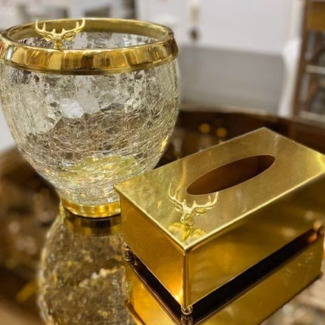 ست سطل و جا دستمال آبگز نقره ای طرح گوزن ( ست سطل زباله و جای دستمال کاغذی آبگز )