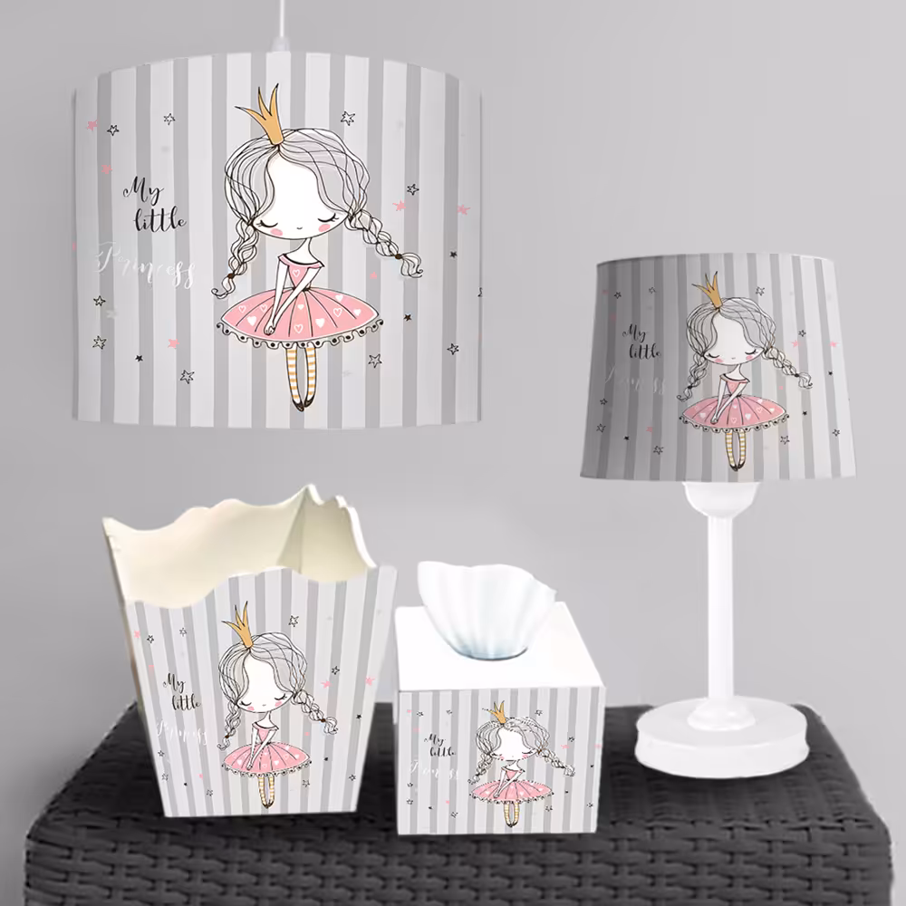 ست لوستر و آباژور و ساعت اتاق کودک طرح پرنسسی با زمینه طوسی روشن BA-4879