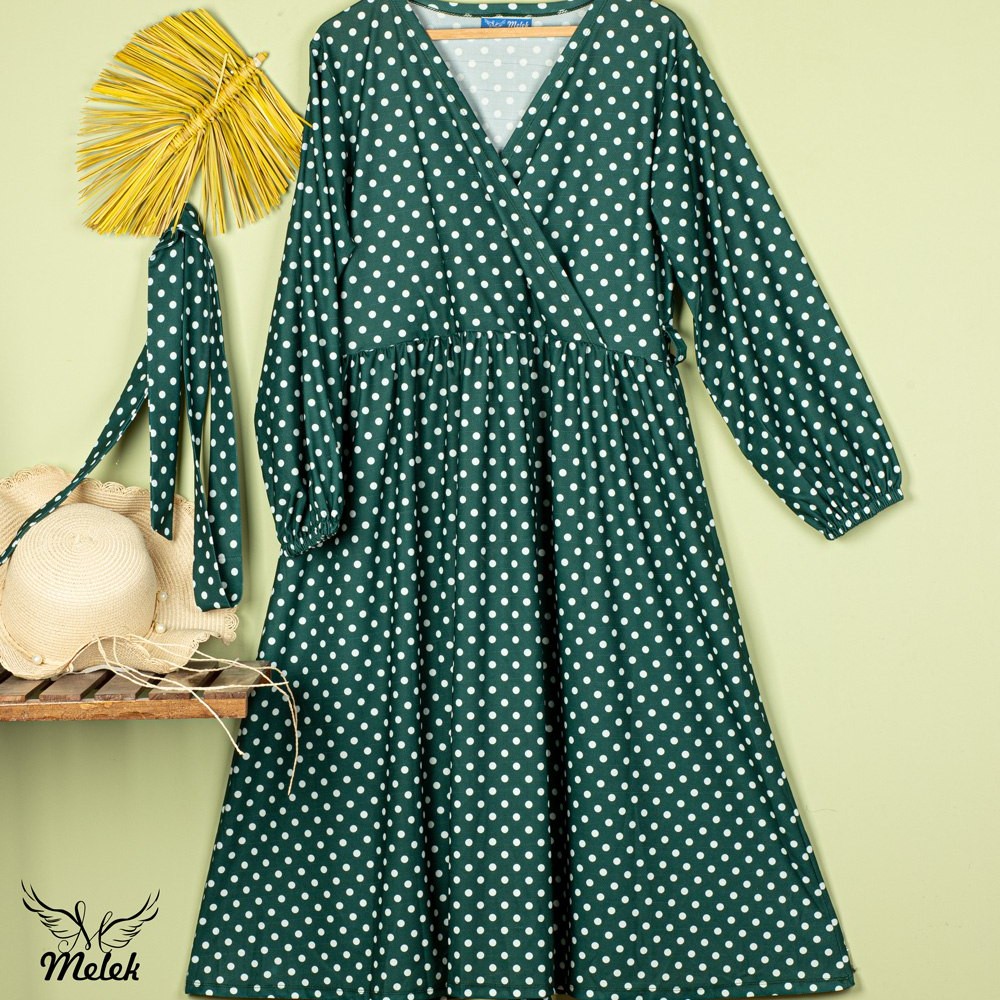 پیراهن 7948 کرپ کشی تک رنگ آستین فانوسی یقه ضربدری دامن کلوش با کمربند ارسال رایگان