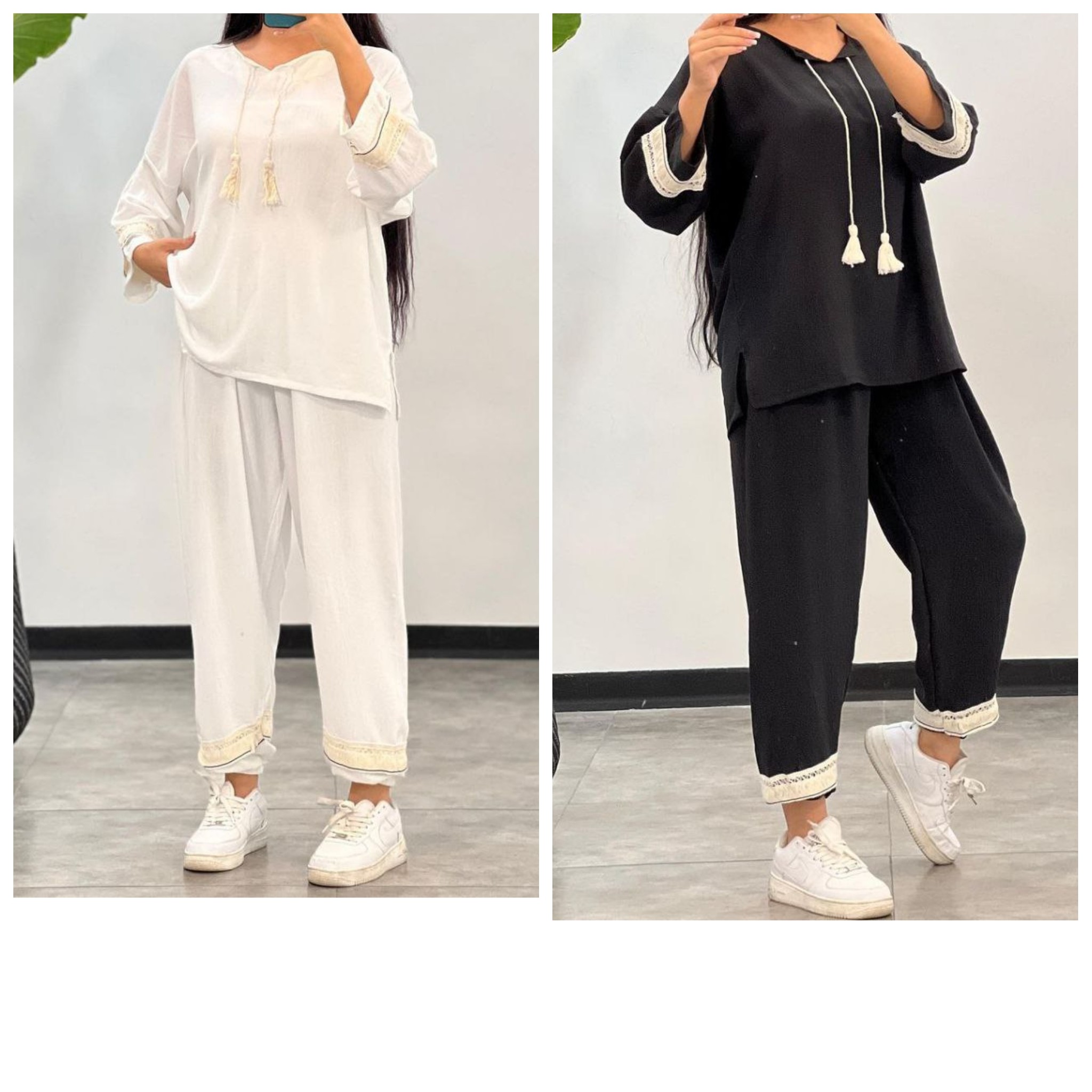 ست تونیک و شلوار جنس ابروبادی در 2 رنگبندی مشکی و سفید فیری سایز 38 تا 46