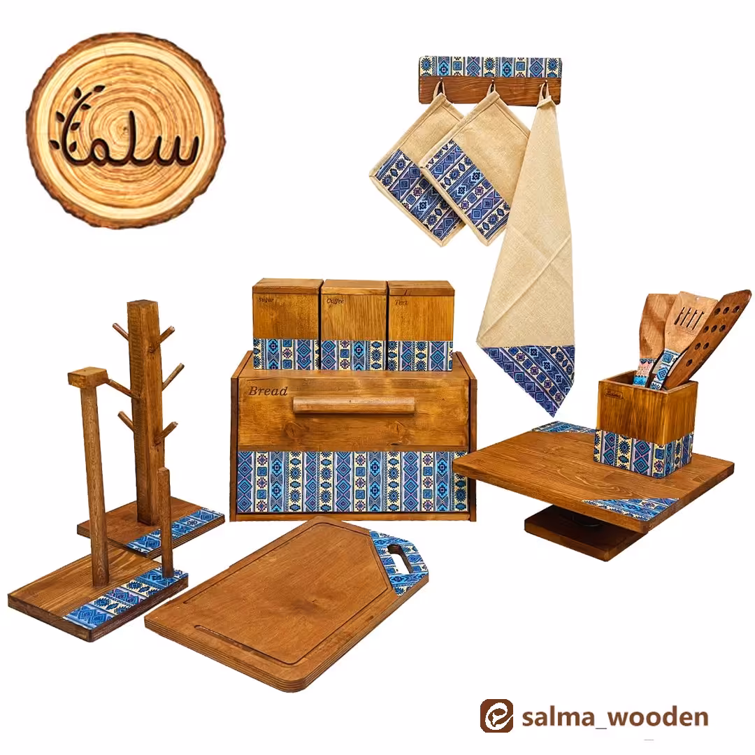 سرویس جهیزیه آشپزخانه 16 تکه ((سلما)) طرح گلیمی (سرویس آشپزخانه چوبی)
