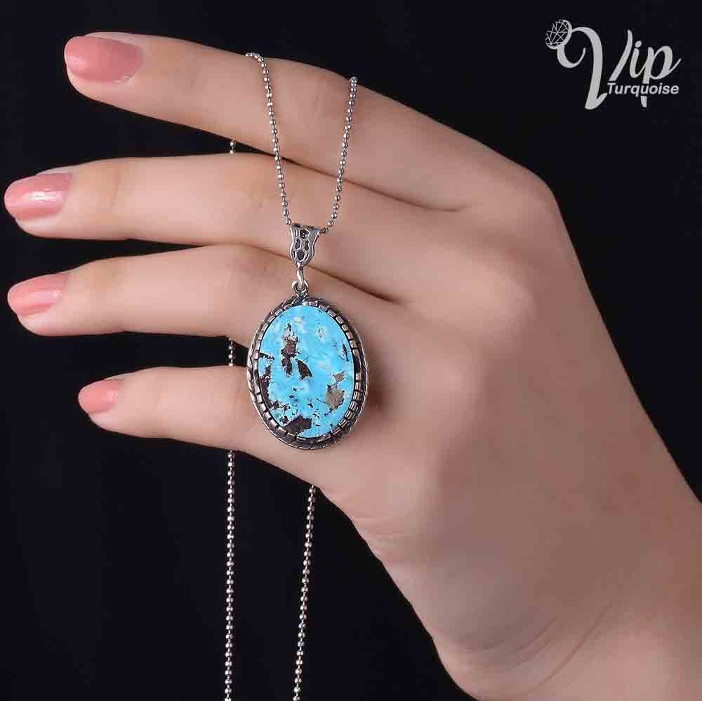 گردنبند زنانه نقره و فیروزه شجری آبی طرح آذرخش کد 1337