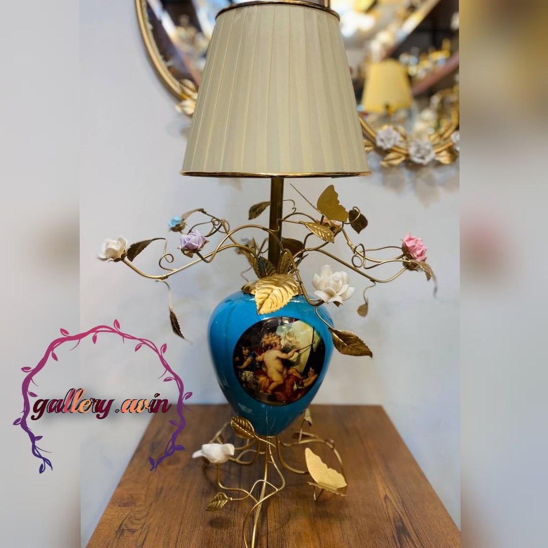 آباژور رومیزی گل چینی رنگی بدنه آبی