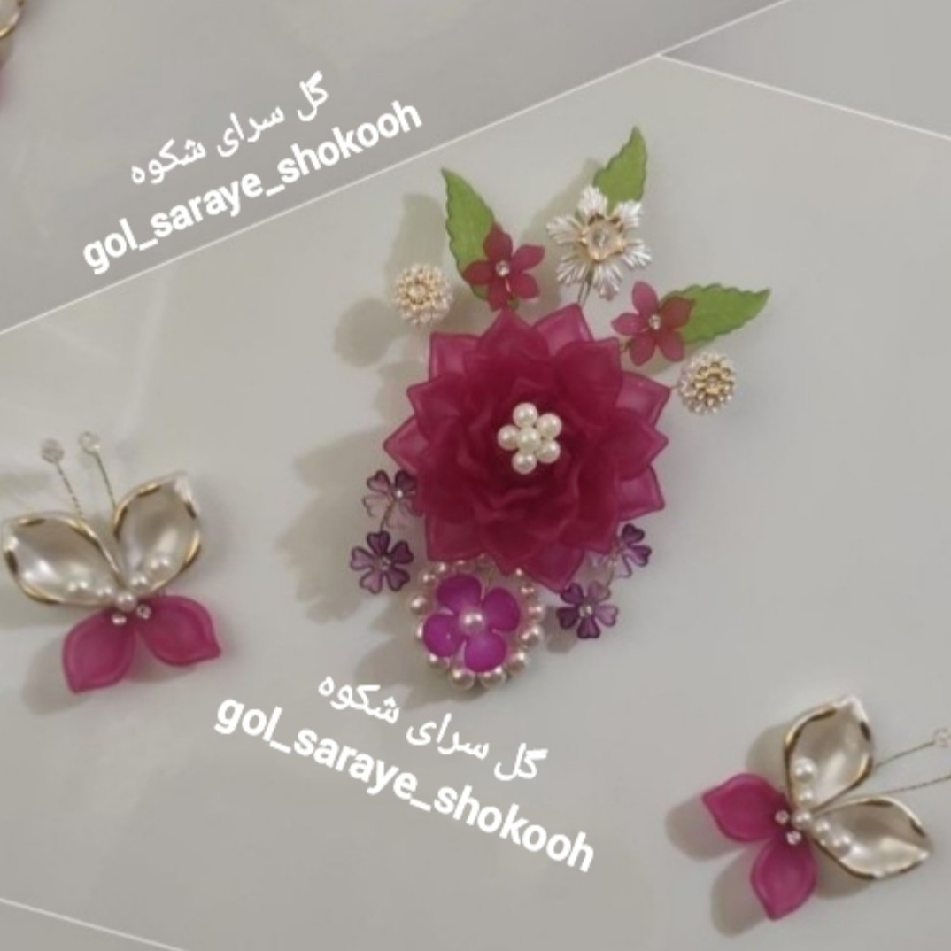 گل کریستالی مگنت یخچال، مدل رز، به همراه دو عدد پروانه همرنگ با گل
