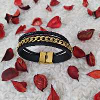 دستبند چرم طبیعی  با زنجیر کارتیر استیل طلایی رنگ ثابت