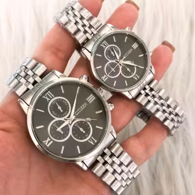 ست ساعت سیتیزن بند استیل نقره ای صفحه مشکی