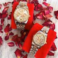ست ساعت مردانه و زنانه طرح رولکس بند استیل دو رنگ نقره ای و رزگلد 