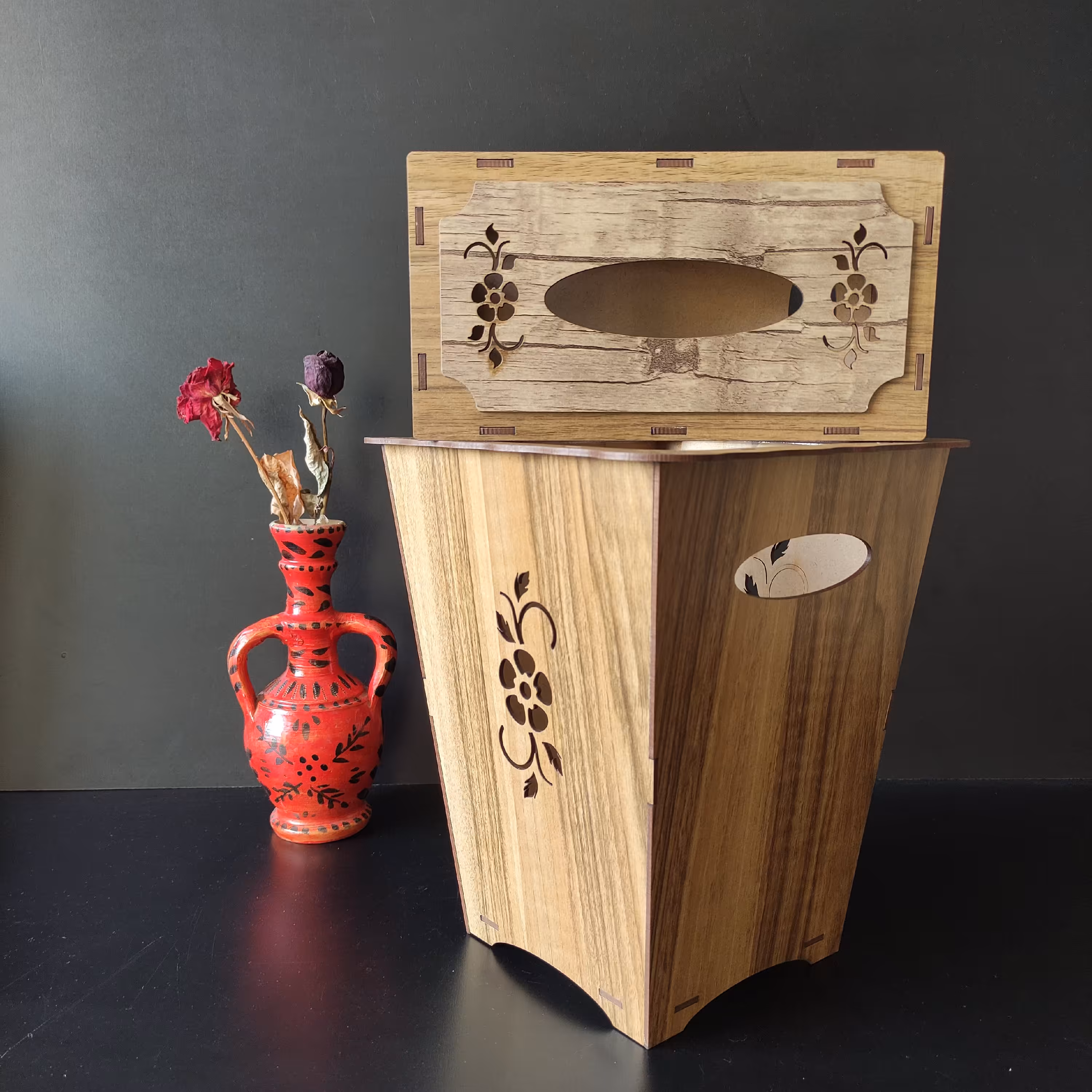 جعبه دستمال و سطل رنگ زیتونی