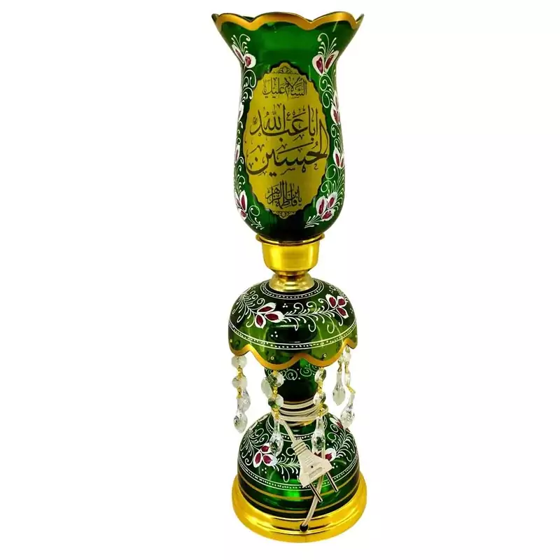 103263-لاله شمعدانی کوچک ارتفاع 46 قطر دهانه 11-سبز یا اباعبدالله الحسین ع و یا زینب کبری س-کنار منبری هیئت
