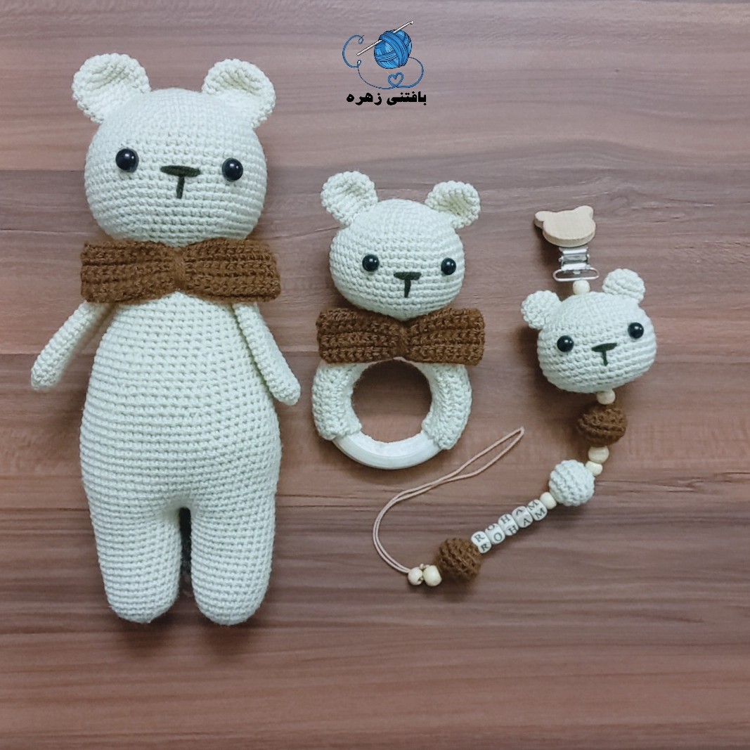 ست جغجغه عروسک و بند پستونک خرس.عروسک خرس