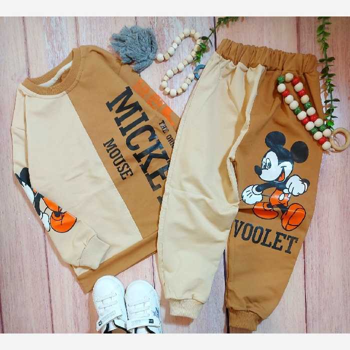 ست بلند اسپورت بچه گانه میکی کرمی استین چاپی 40 طرح moh دورس پنبه لاکرا درجههه1