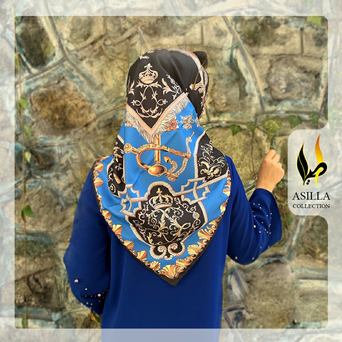 روسری ابریشم توییل آبی قواره 110