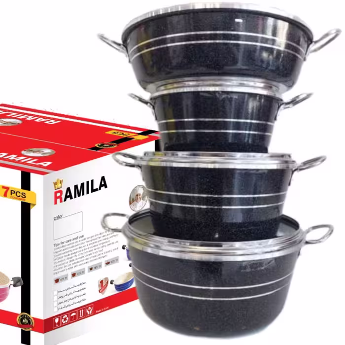 خرید و قیمت شرویس قابلمه زنبوری مشکی با دسته نقره ای - تولیدی قابلمه زنبوری در ایران - aluminium cookware factory