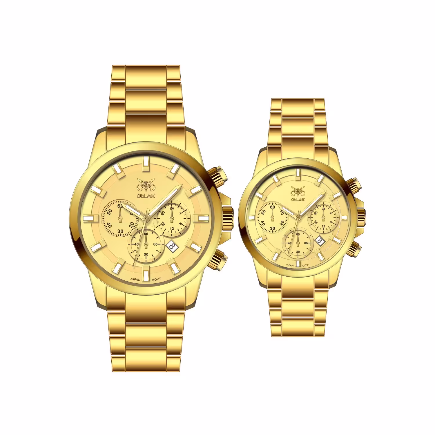 ست ساعت مچی عقربه ای زنانه و مردانه اوبلاک مدل 72698 رنگ طلایی صفحه زرد