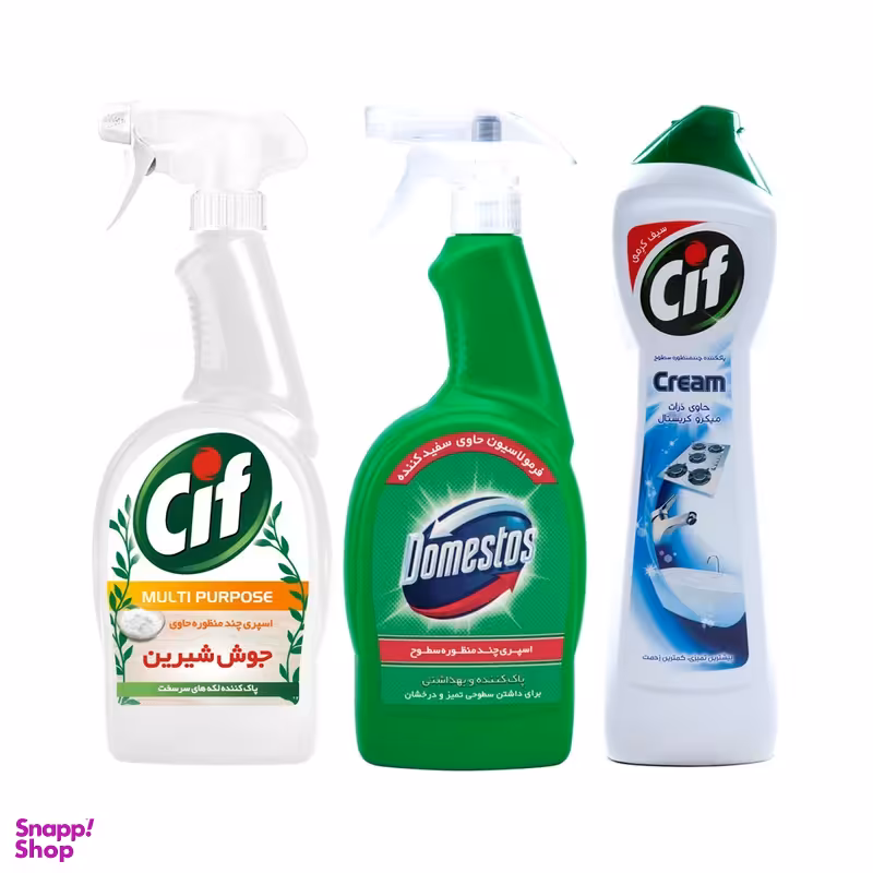 پک اسپری چند منظوره سیف به همراه اسپری چند منظوره سطوح دامستوس و مایع کرمی پاک کننده چند منظوره سطوح سیف به عنوان هدیه