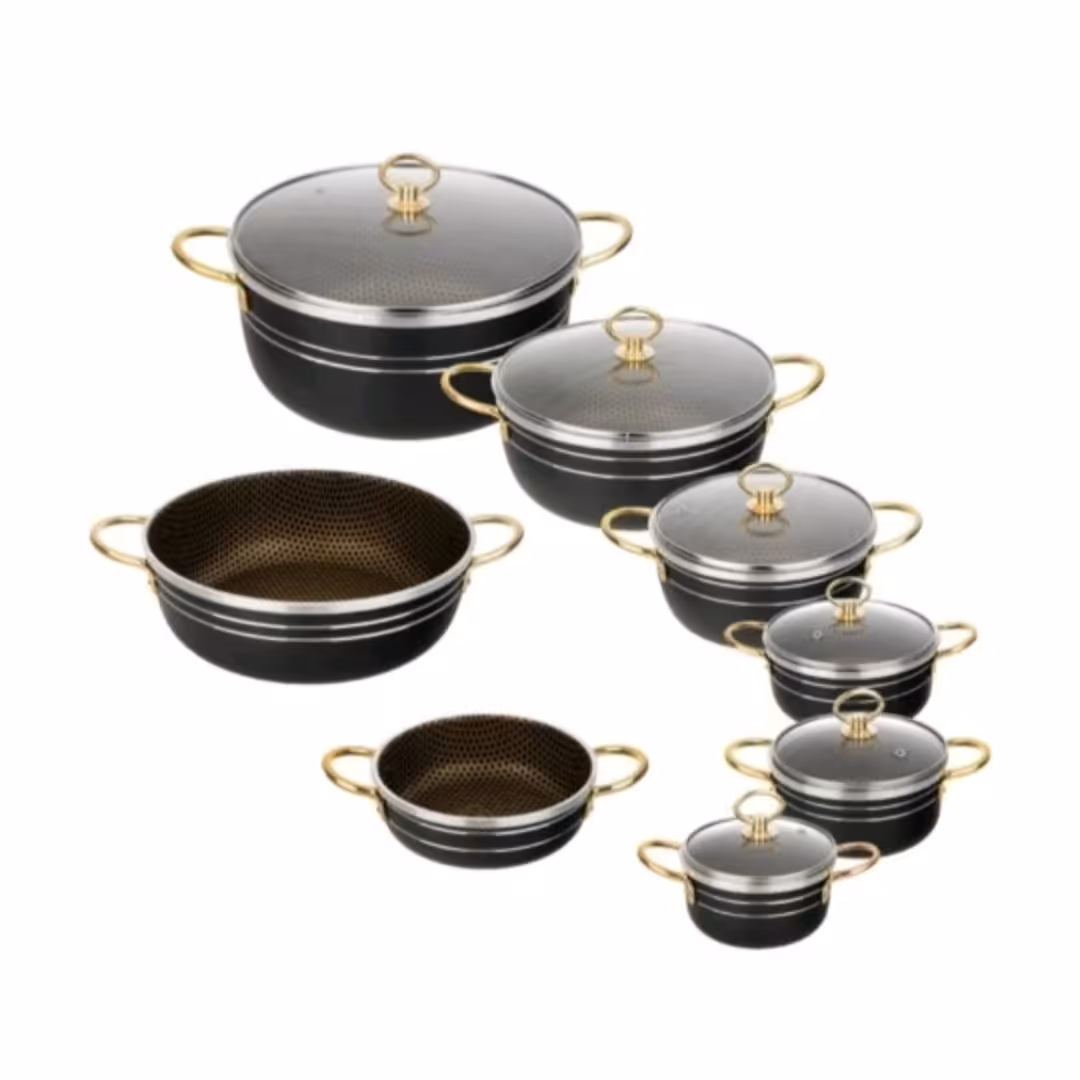 سرویس 14 پارچه قابلمه گرانیتی طرح چدن دسته طلایی داخل زنبوری هلنا
