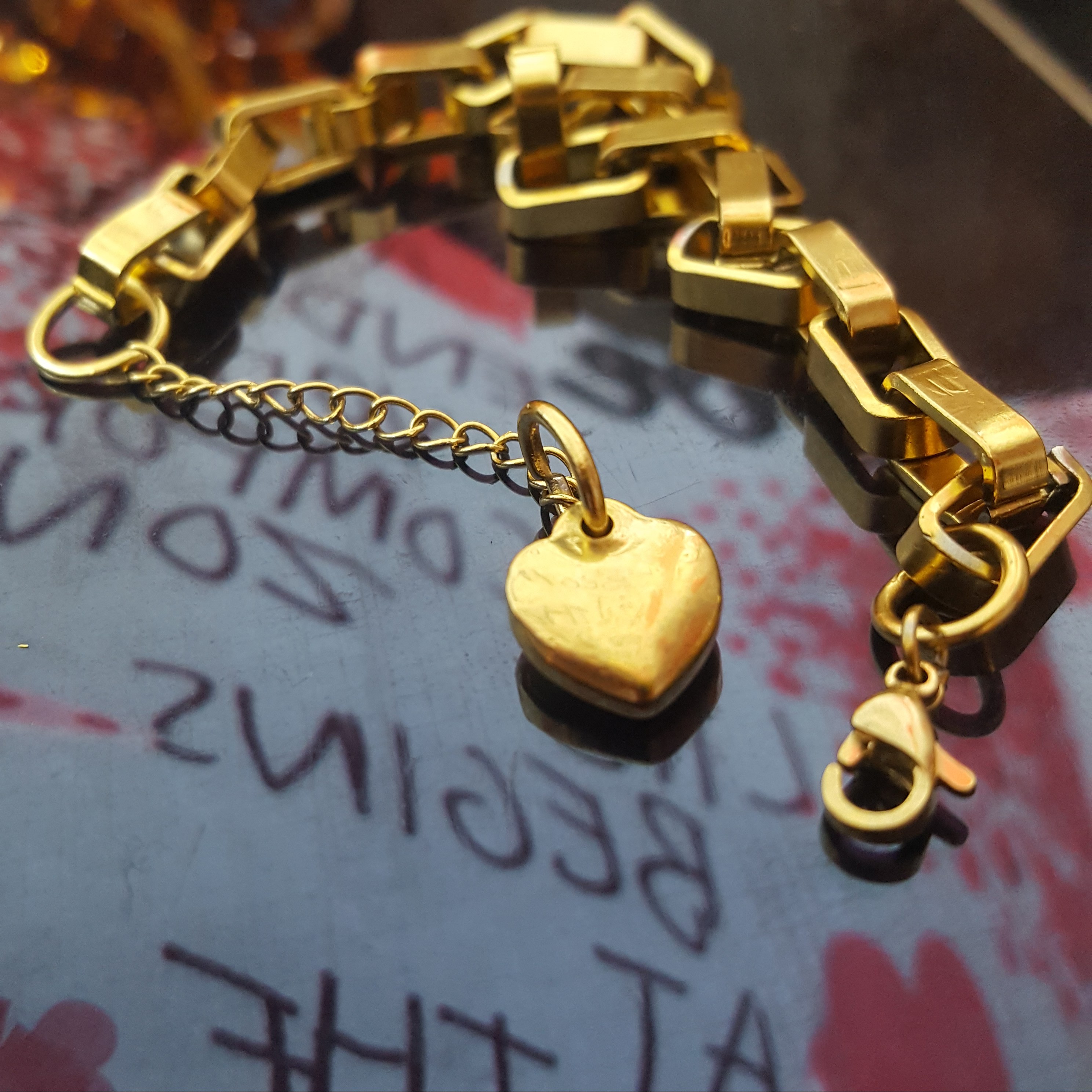 دستبند باکسی ضخیم قلب محدب استیل ضد حساسیت روکش طلا رنگ ثابت کد 626