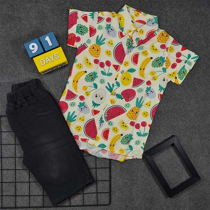 پیراهن هاوایی  و شلوارک پسرانه طرح میوه ای