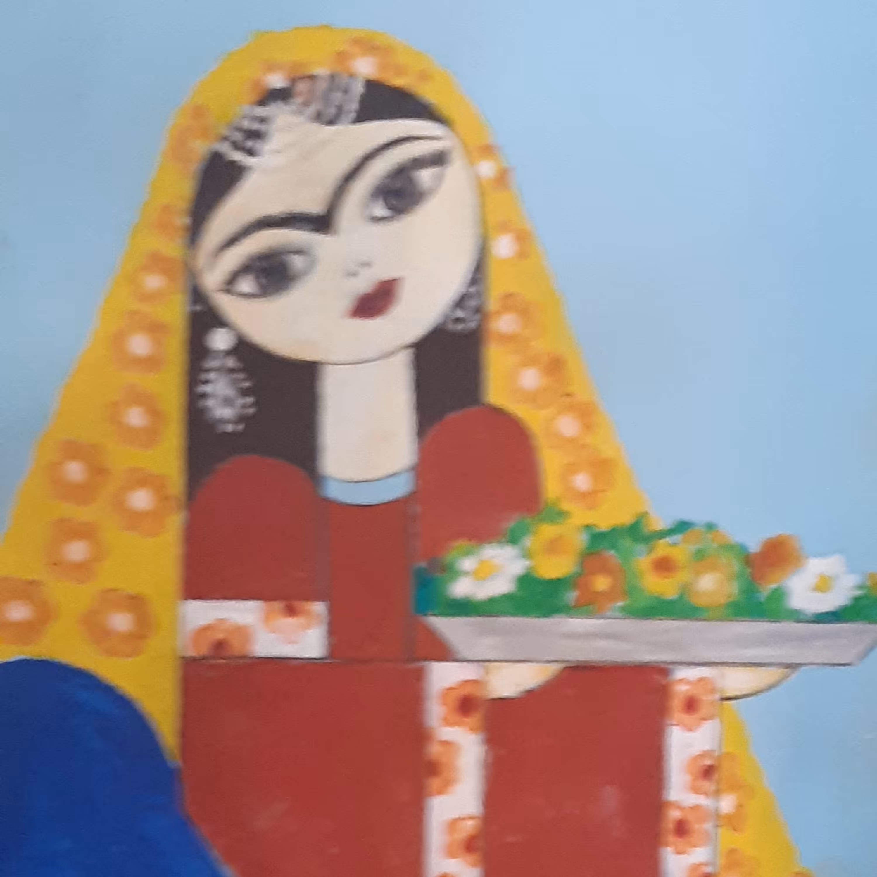 نقاشی سنتی از چهره جذاب وزیبای یک دختر ایرانی روی مقوا 