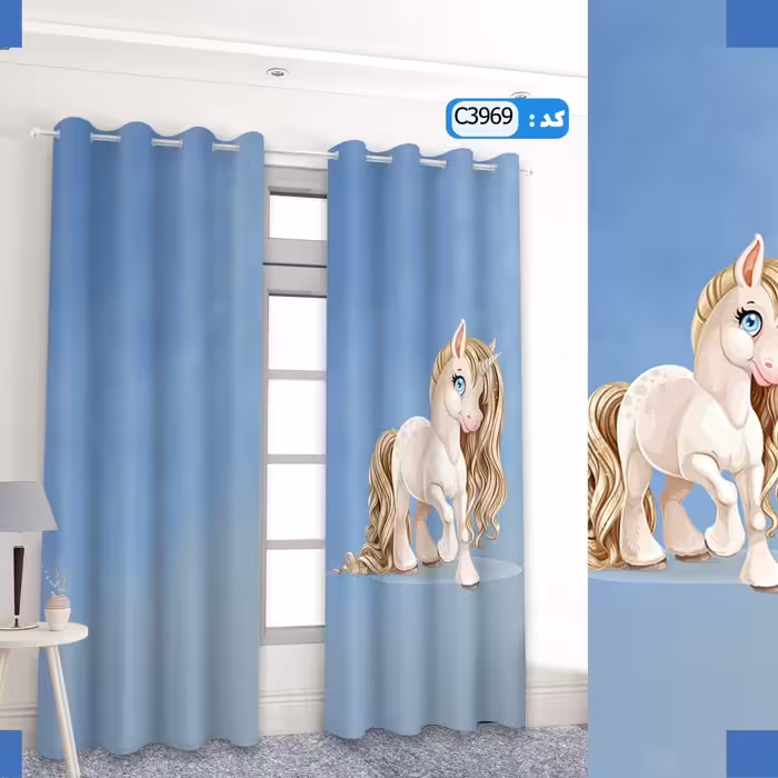 پرده تصویری اتاق کودک  پانچ شده طرح تک شاخ  ارتفاع 3 متر و عرض 1.5 متر  کد 3969