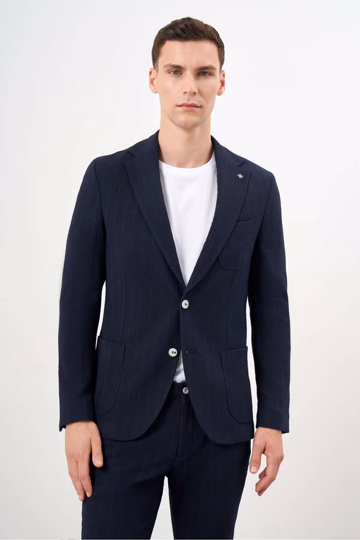 کت وشلوار آبی مردانه نیلو دریایی رنگ پلی ویسکون الگوی راه باریک و لباس شلوار یقه یکنواخت Morven