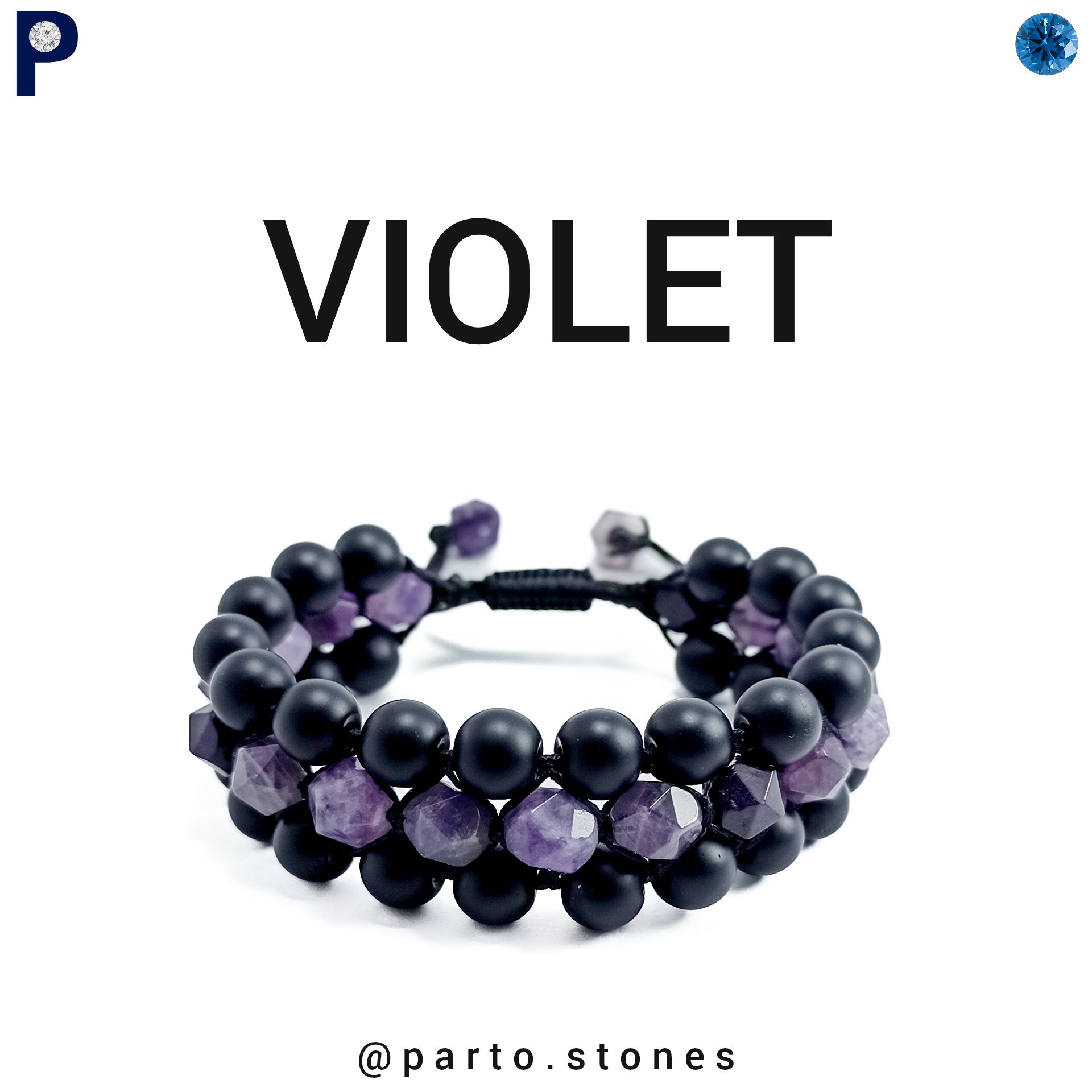 دستبند بنفشه با سنگ آمیتیست و اونیکس سیاه (اصل معدنی) 